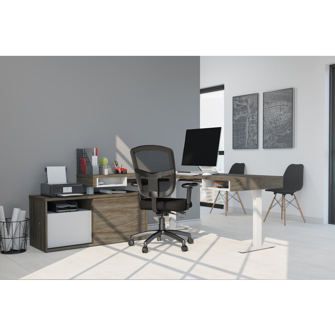 71" Programmable Standing Desk in Walnut Gray and White with Credenza