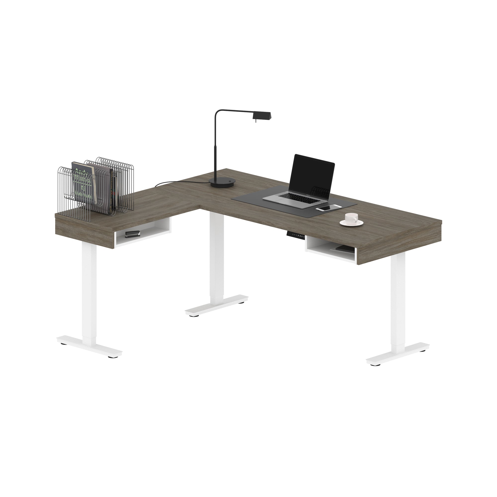 71" Adjustable Walnut Gray and White L-Shaped Standing Desk