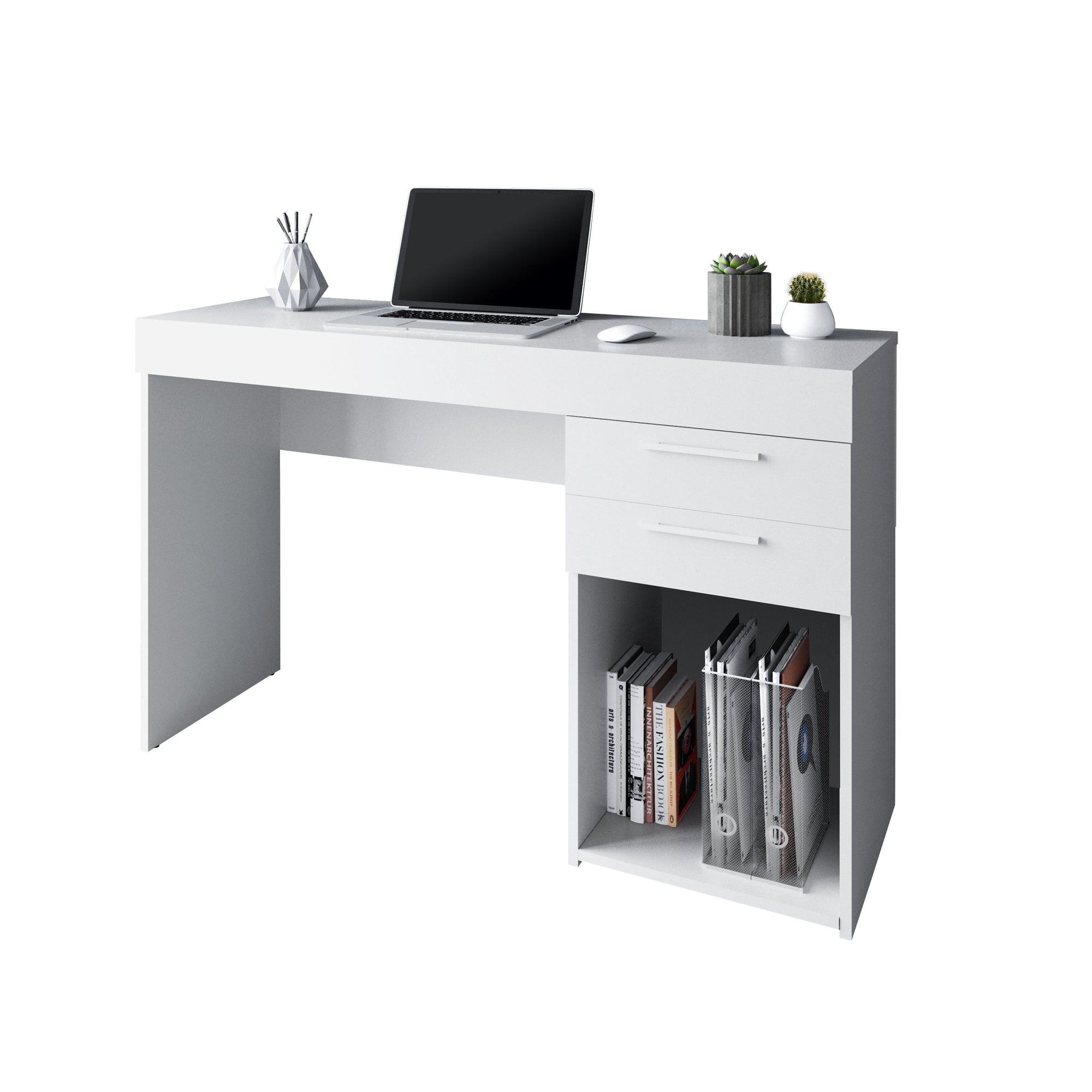 48" White Corner Desk with Built-in File