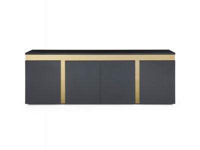 94" Black Lacquer Credenza with Polished Gold Steel Accents