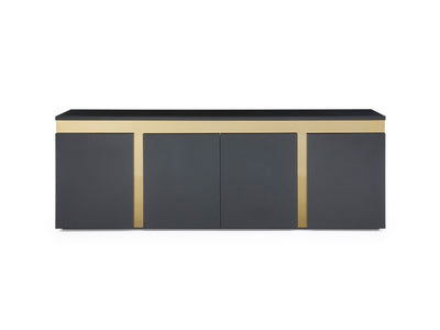 87" Glass Desk or Conference Table with Black Lacquer & Gold Stainless Base