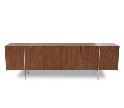 95" Walnut Veneer Credenza with Polished Stainless Legs