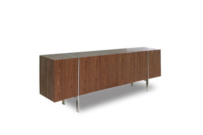 95" Walnut Veneer Credenza with Polished Stainless Legs