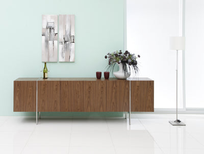 95" Walnut Veneer Credenza with Polished Stainless Legs