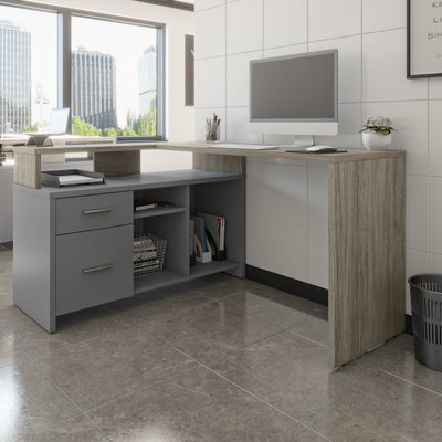 56" X 44" Unique Petite Corner Desk with Credenza in Walnut Gray & Slate