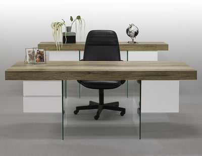 Modern Rustic Brown Oak & White Lacquer 78" Desk with Glass Legs