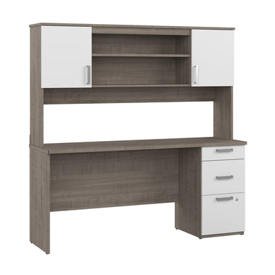 65" Silver Maple & White Desk with Hutch