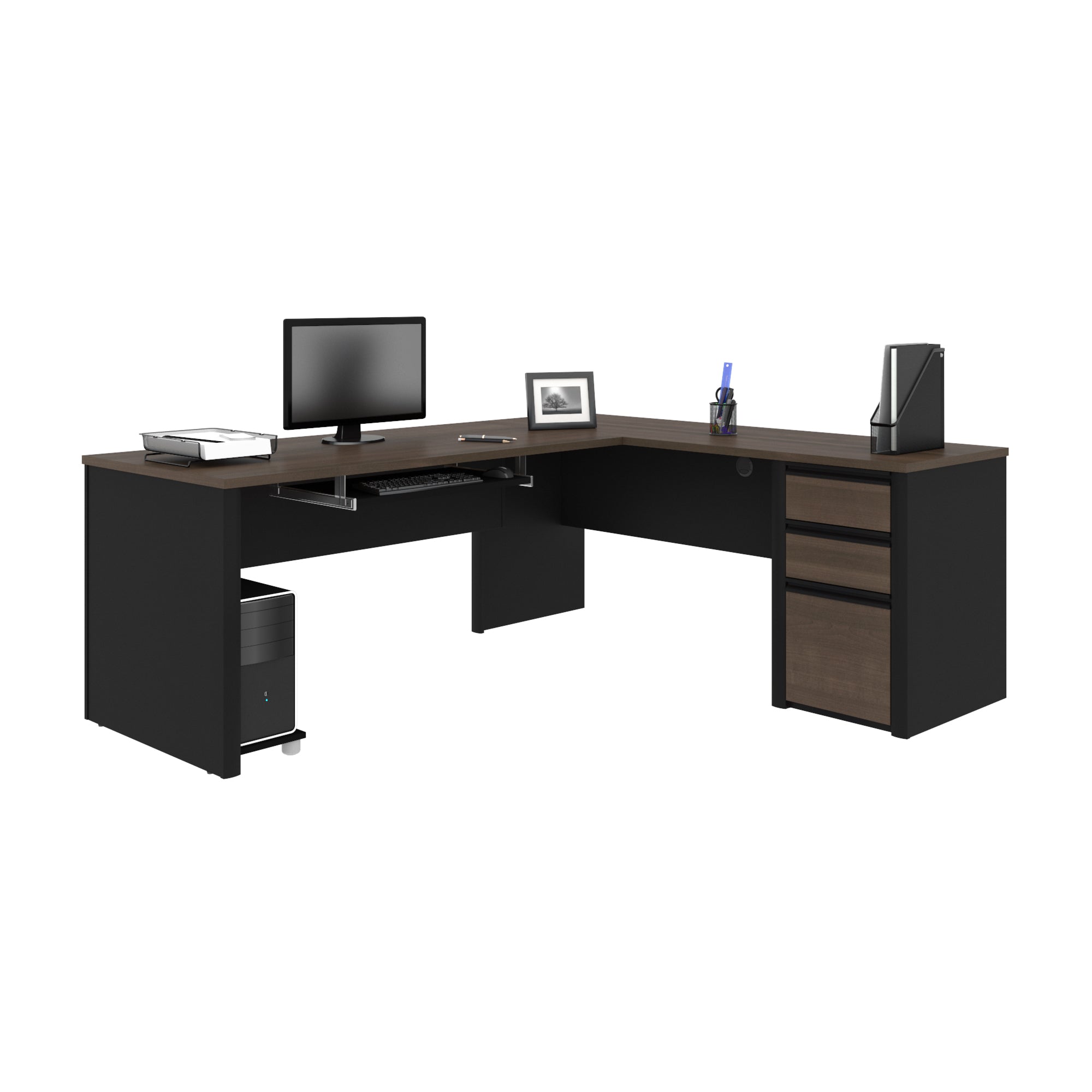 71" x 83" L-Shaped Desk with 3 Drawers in Antigua and Black