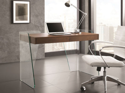 Glass-sided Office Desk with Walnut Top and Inset Drawers