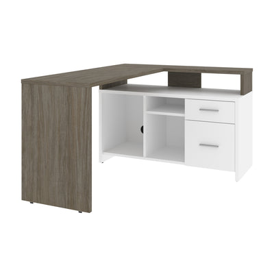 56" X 44" Unique Petite Corner Desk with Credenza in Walnut Gray & White