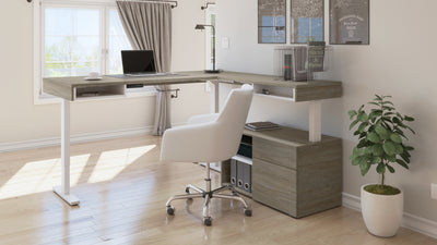 72" L-Shaped Adjustable Ergonomic Desk with Small Credenza in Walnut Gray