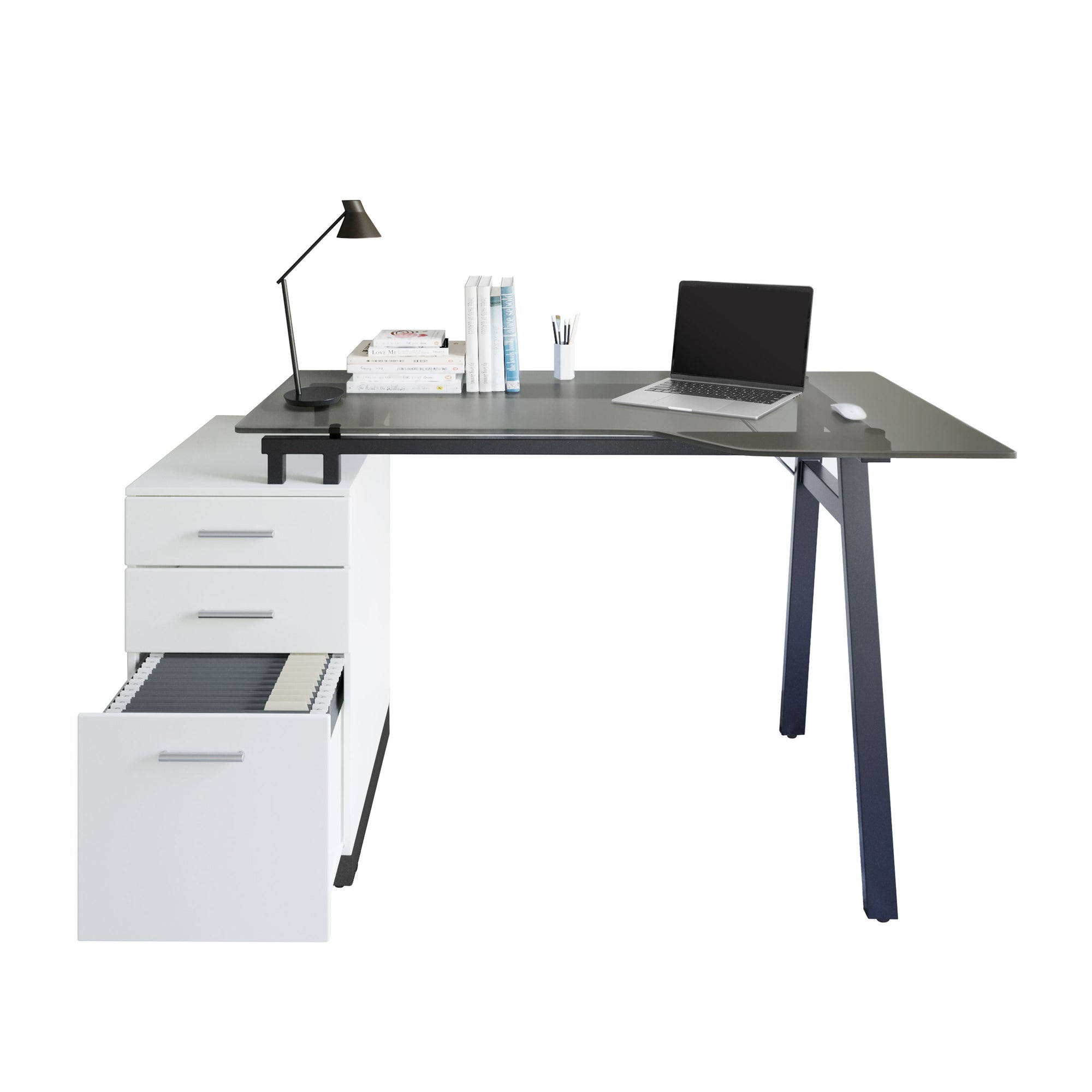 60" White & Glass Desk with Built-in File