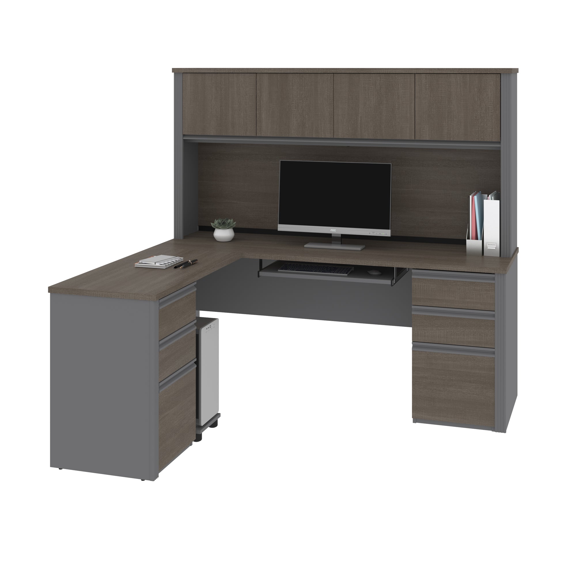 Premium L-shaped Double Pedestal Desk with Hutch in Bark Gray and Slate