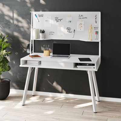 47" White Modern Desk with Built-in Whiteboard