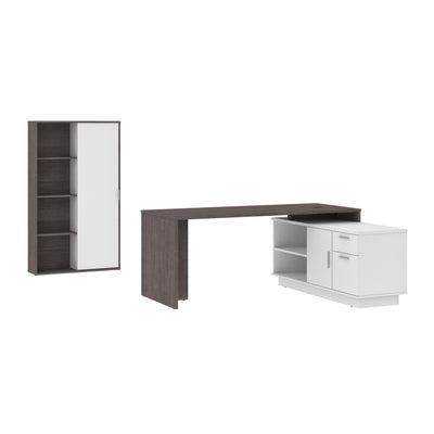 71" Bark Gray and White Modern L-Desk Set with Credenza and Cabinet